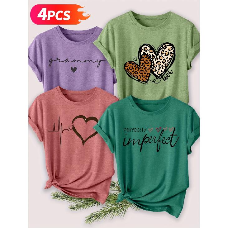 Four-piece set of elegant short-sleeved tops for women Leopard print heartbeat line print fashion retro style women's spring, summer, autumn, winter