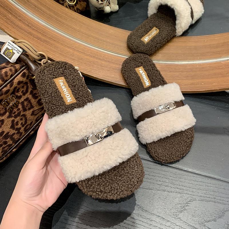 

2025 autumn and winter new fairy wind beautiful open-toed cotton slippers women French flat-bottomed outer wear non-slip fluffy slippers women 40