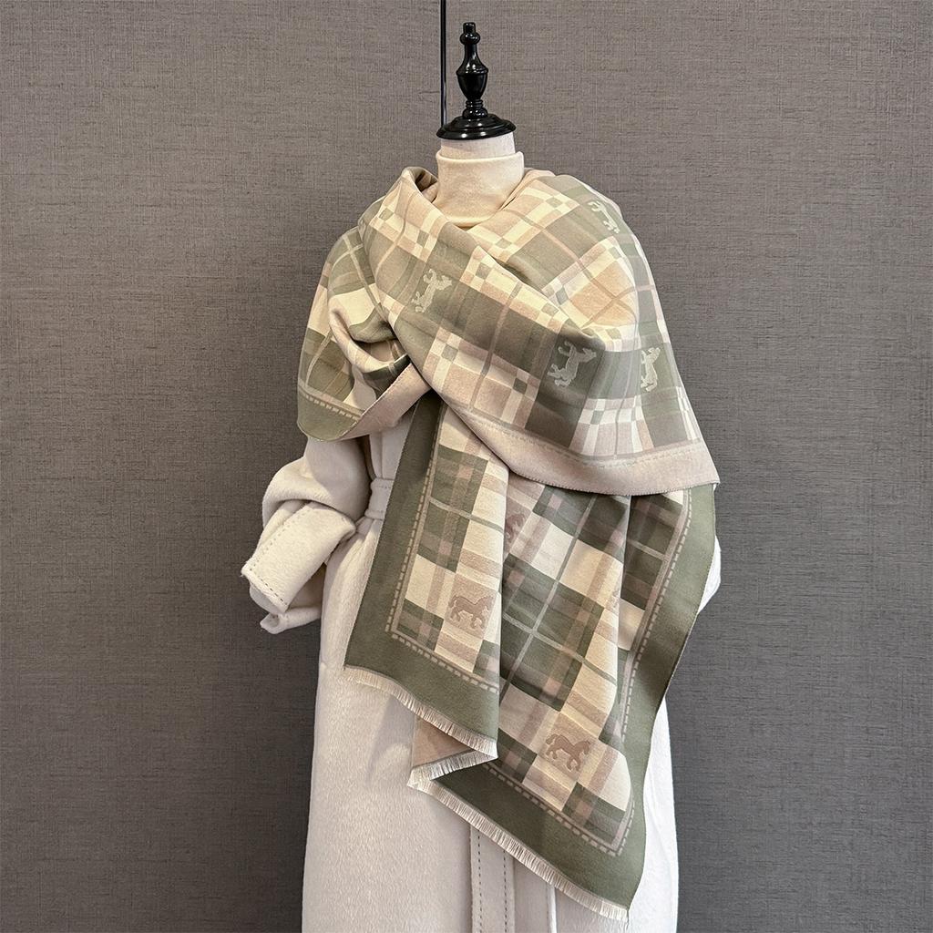 Autumn and winter pony light luxury fashion plaid shawl women's versatile warm windproof thickened medium and long jacquard scarf