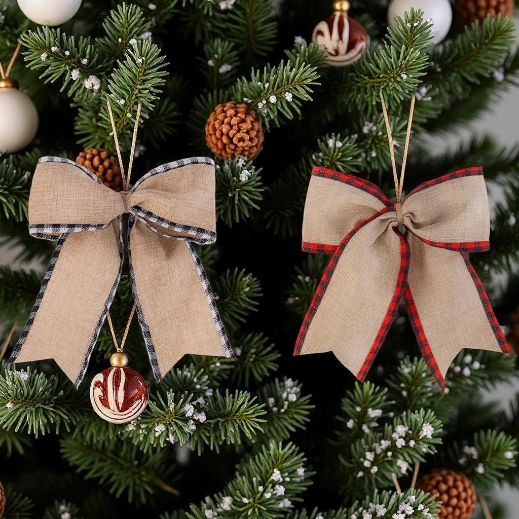 DIY Christmas Bow Decoration - Black and White Plaid Linen Ribbon Bow for Tree Ornaments