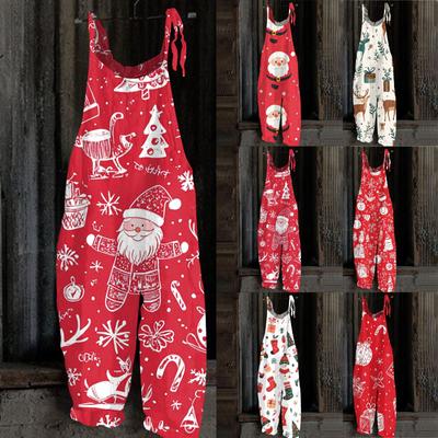 Women's Jumpsuit Christmas Print Casual Loose Vintage Shoulder Strap Cotton Linen