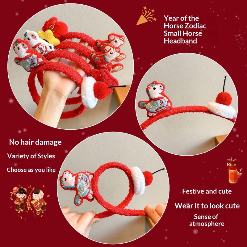 Sweet Cartoon Horse Hair Hoop Pony Red Headpiece Good Luck Headwear 2026 New Year Headband Children Headwear