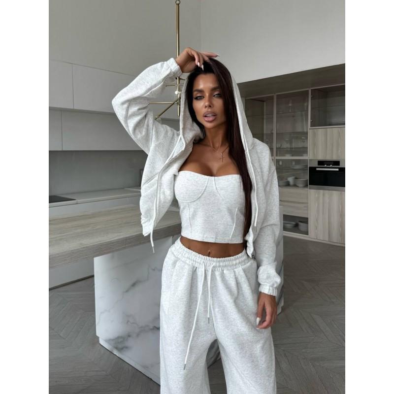 Womens Casual Solid Color Hooded Zip-Up Sweatshirt Wide-Leg Pants 2-Piece Set Long Sleeve Streetwear Outfit