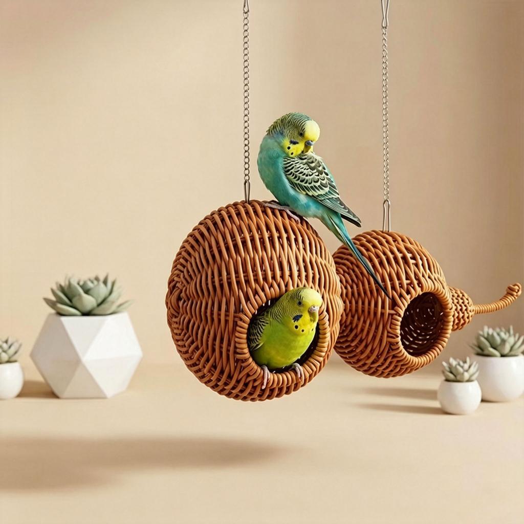 Nid de Perroquet en Rotin Tissé à la Main Résistant à l'Usure Résistant aux Morsures Respirant Amovible et Lavable Accessoires de Cage à Oiseaux