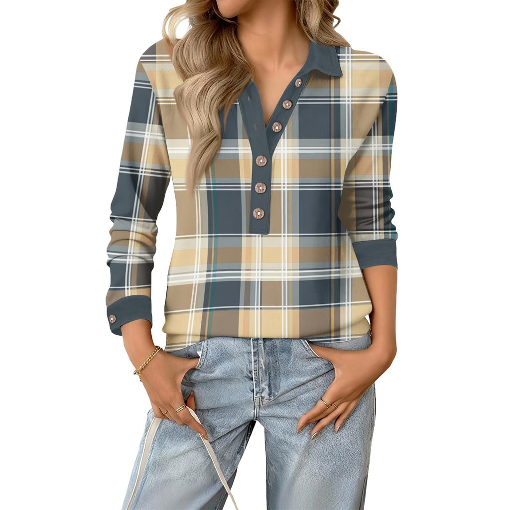 Women's Retro Street Lazy V,neck Long Sleeve Button Plaid Print Pullover Top