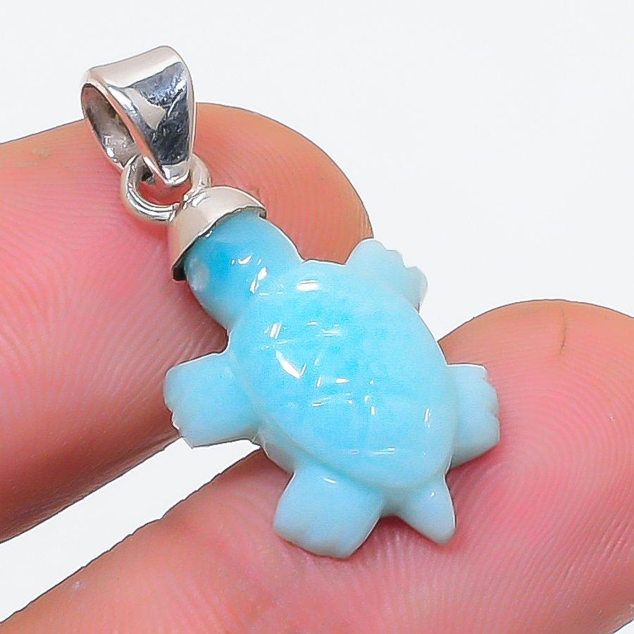 Natural Larimar Gemstone Handmade 925 Sterling Silver Jewelry Pendant 1.10" W9O50