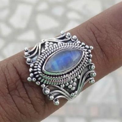 Vintage Silver Color Oval Blue Stone Silver Color Ring for Women Ethnic Bohemian Rings Jewelry