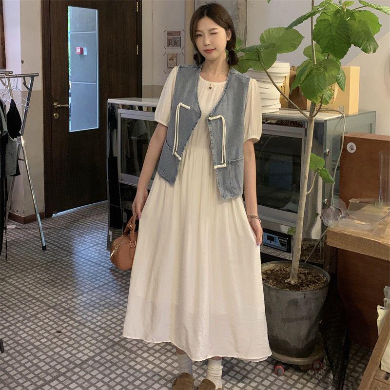 

Retro Denim Slimming Suit: Big Fat Girl 2026 Two-Piece Age-Defying Vest Dress L (110-120 cm)