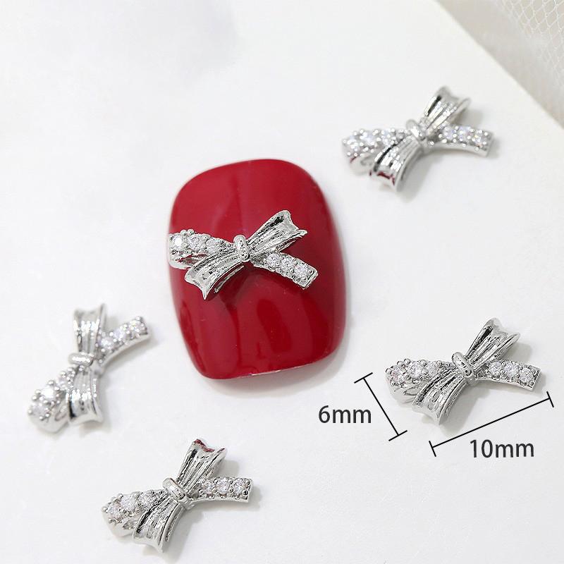 Accessori per unghie con fiocco in argento e zircone, decorazione per unghie con diamanti lucidi