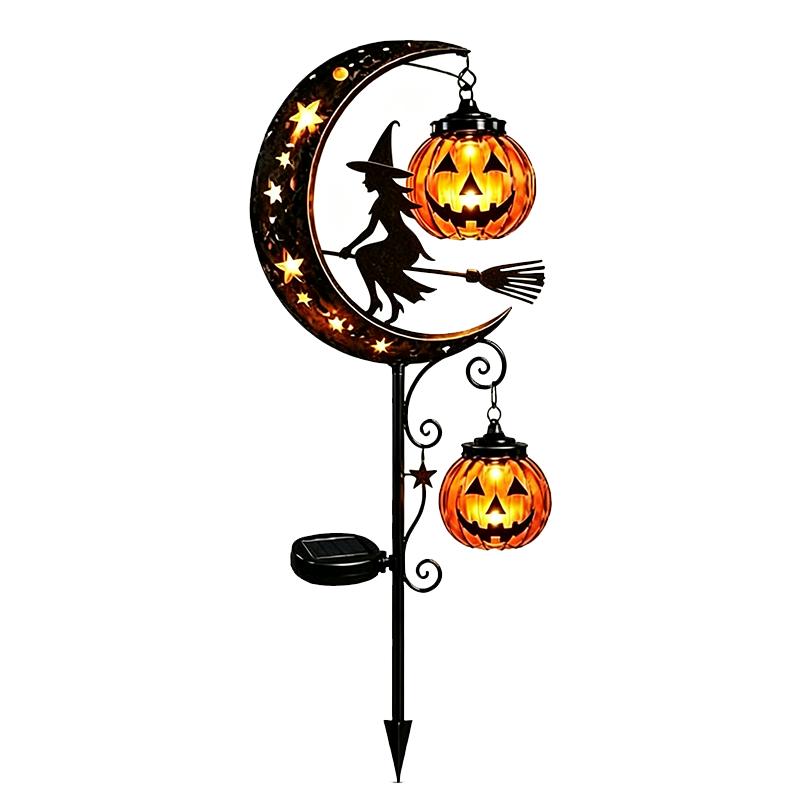 Solar Halloween Moon Black Cat Light Metal Crescent Moon Pumpkin Lantern Ground Lamp Outdoor Pathway Garden Yard Lawn