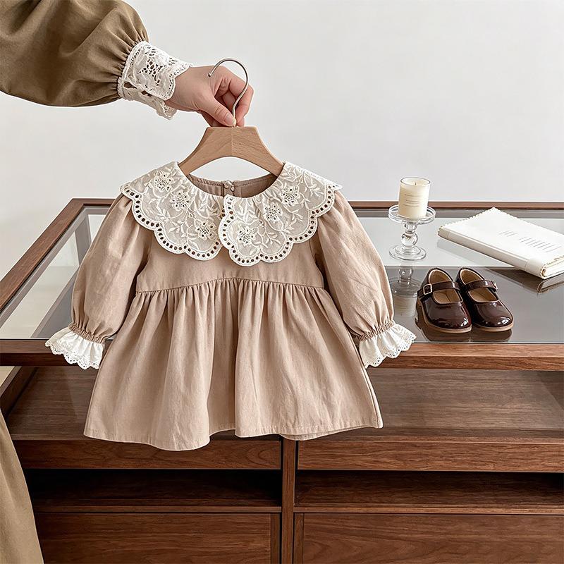Mädchen Langarm Prinzessinnenkleid Süßer Spitzenkragen Herbst Kinderkleid