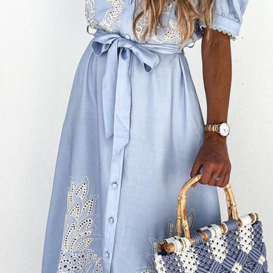 Mode Damen Kleid Stickerei Stehkragen Kurzarm Einreiher Ausgeschnittenes Hemd