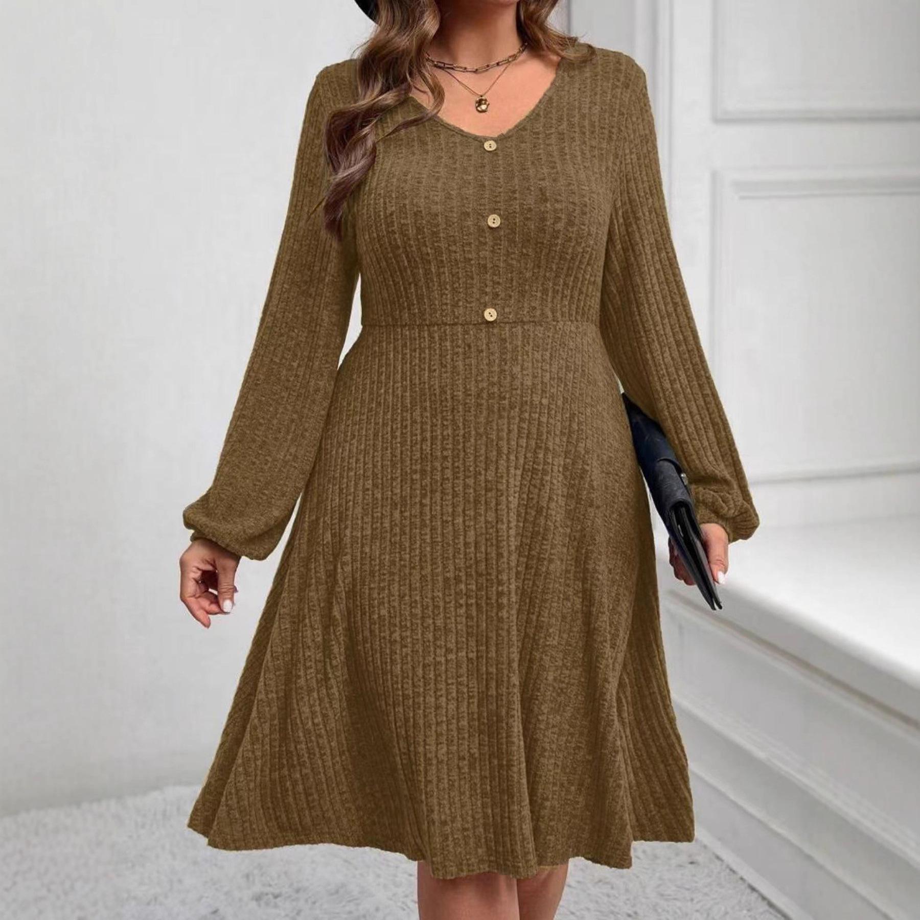 

Spring/Summer Loose Solid Color Ribbed Long Sleeve Dress for Women 4XL коричневий