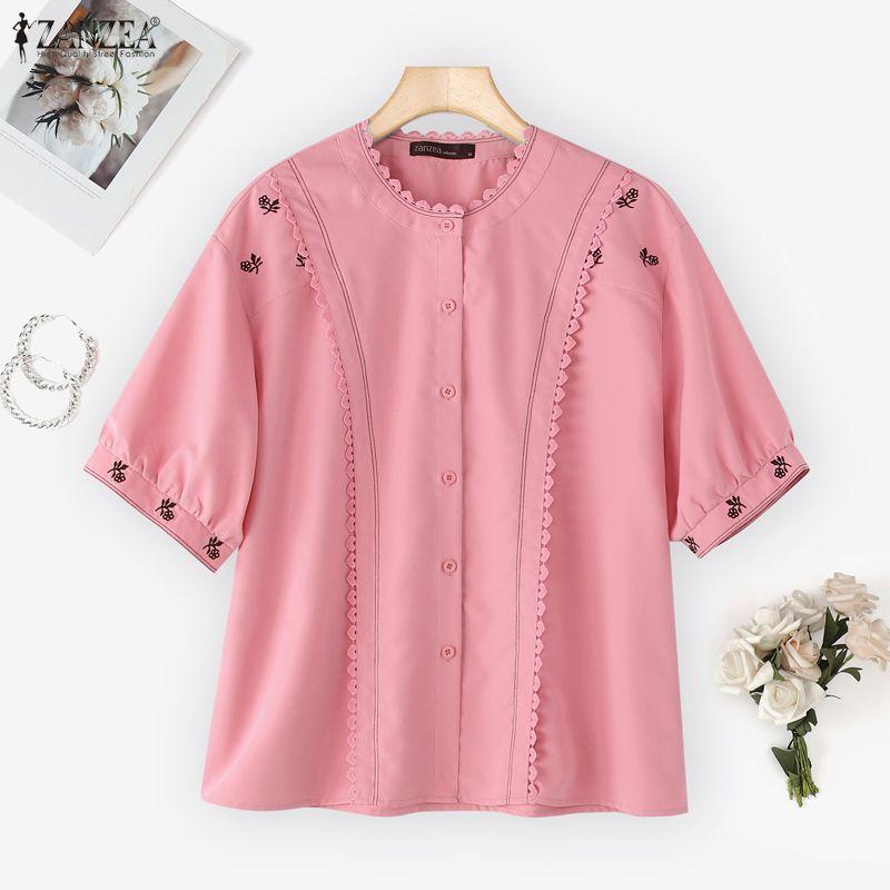 ZANZEA Summer Women Round Neck Short Sleeve Crochet Embroidery Casual Blouse