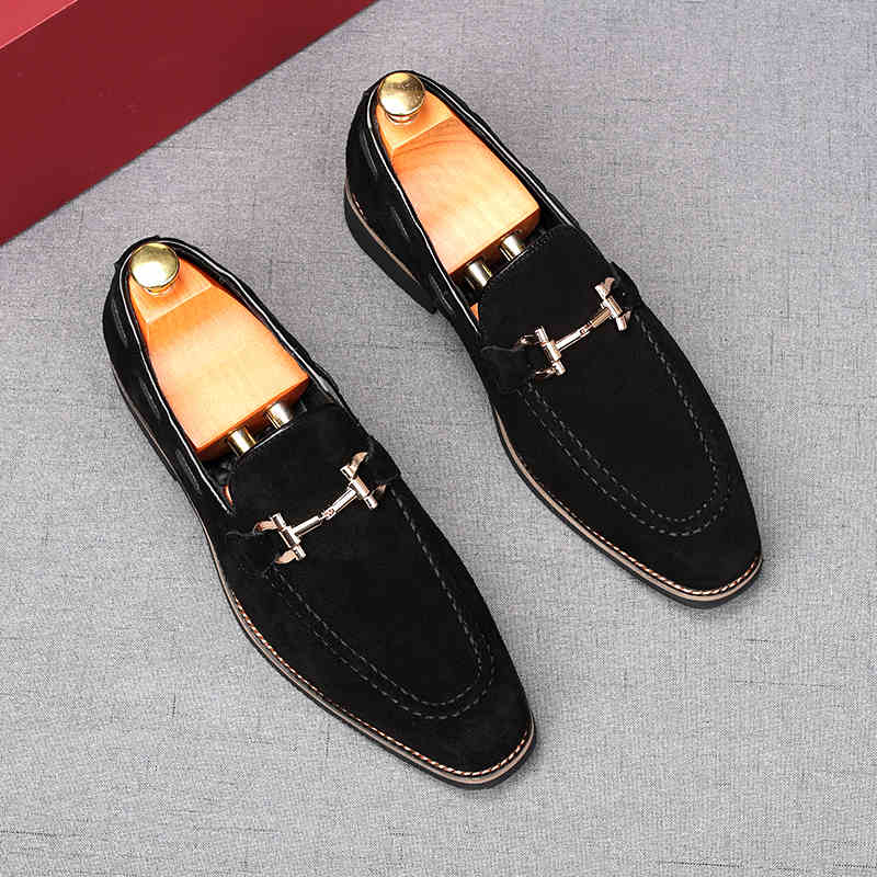 Fashion New Men's Cow Suede Leather Slip On Shoes Male Designer Metal Button Loafers Wdding Prom Homecoming Footwear Zapatos Hombre