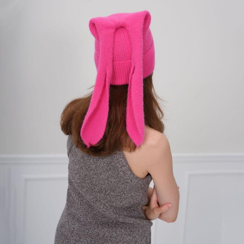 New Autumn and Winter Fashion Personalized Knitted Hat Warm Thickened Solid Color Cute Rabbit Ear Hat Women