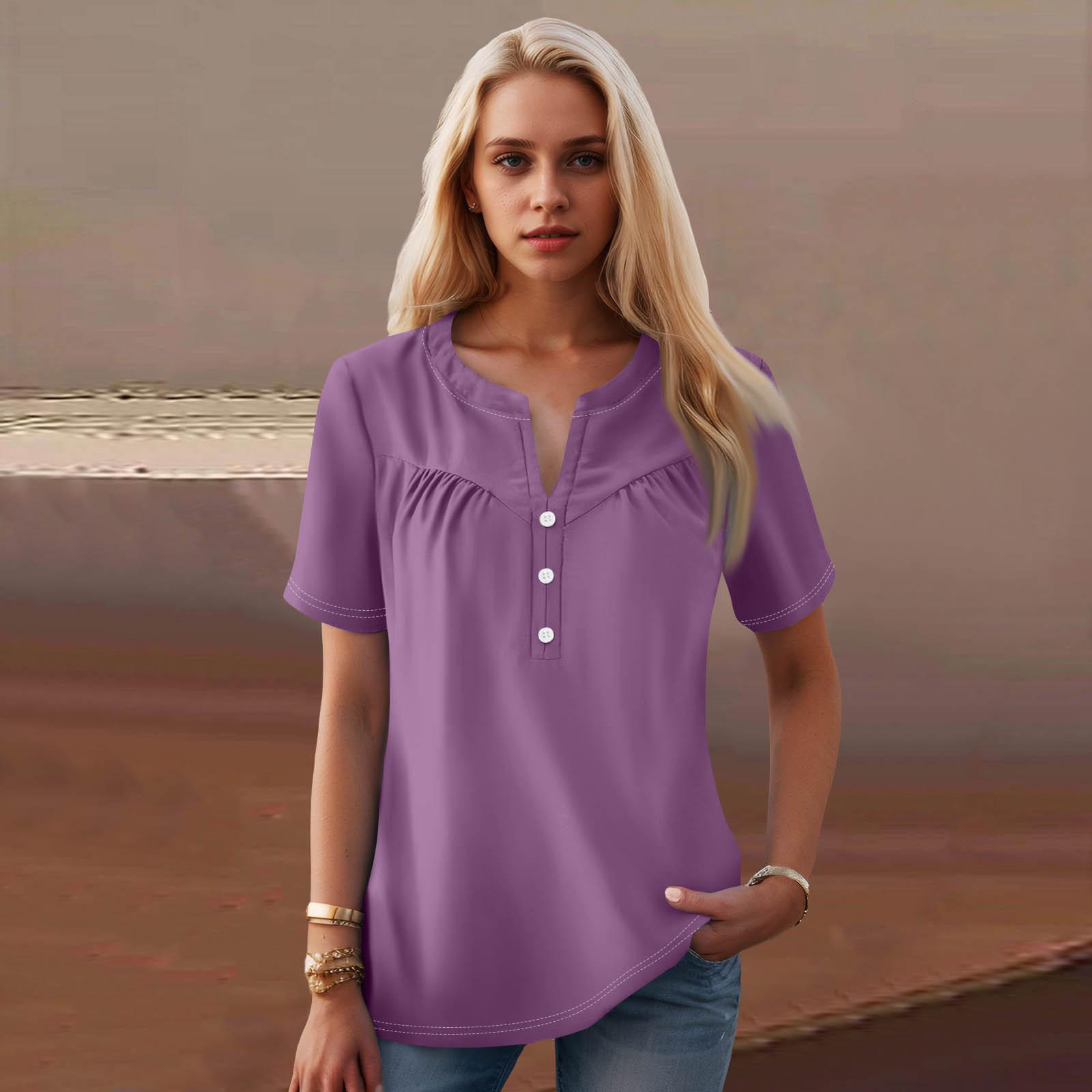 

Женская повседневная футболка с v-образным вырезом и коротким рукавом с цветочным принтом и декоративными пуговицами, топ L фиолетовый