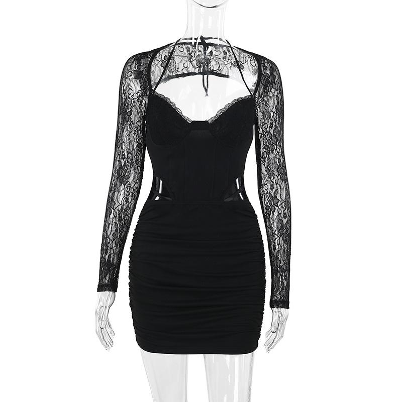 

Осеннее женское сексуальное платье Spice Slim Lace с длинными рукавами и вырезом на талии M чёрный