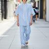 2PCS Summer Men Short Sleeve Striped Stitching Shirts and Long Pants Oversized Outfits Sets