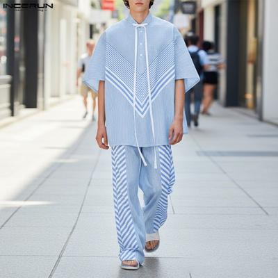 2 Stück Sommer Herren Kurzarm Gestreifte Nähte Hemden und Lange Hosen Übergroße Outfits Sets