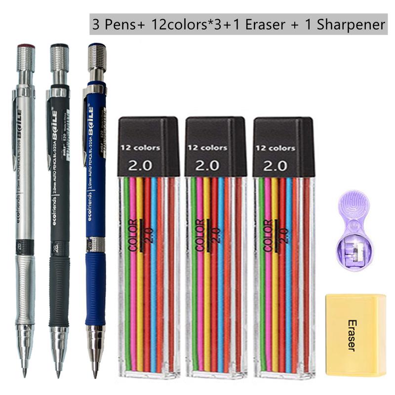 2.0mm Mechanical Pencil Art Drawing Design Automatic Pencil 2B Black/Color Lead Refill Writing Student Office & School Supplies