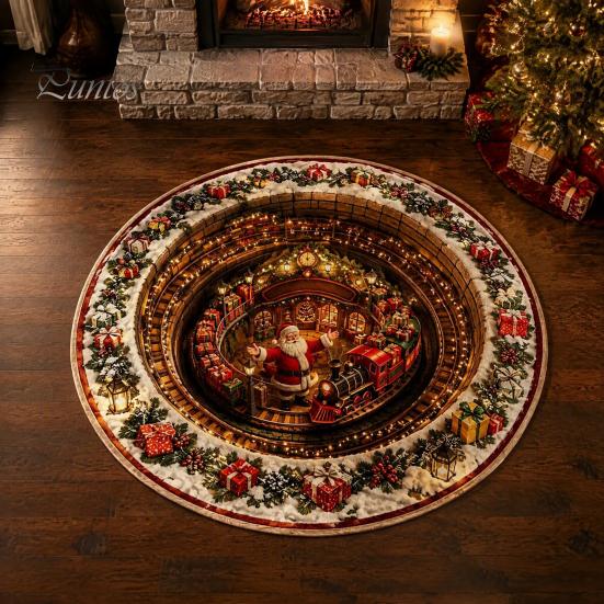 Winter Welcome Mat 3D Christmas Round Rug, Optical Illusion Area Santa Claus Deep Hole Festive Indoor Floor Prints, Non-slip Rug for Entrance
