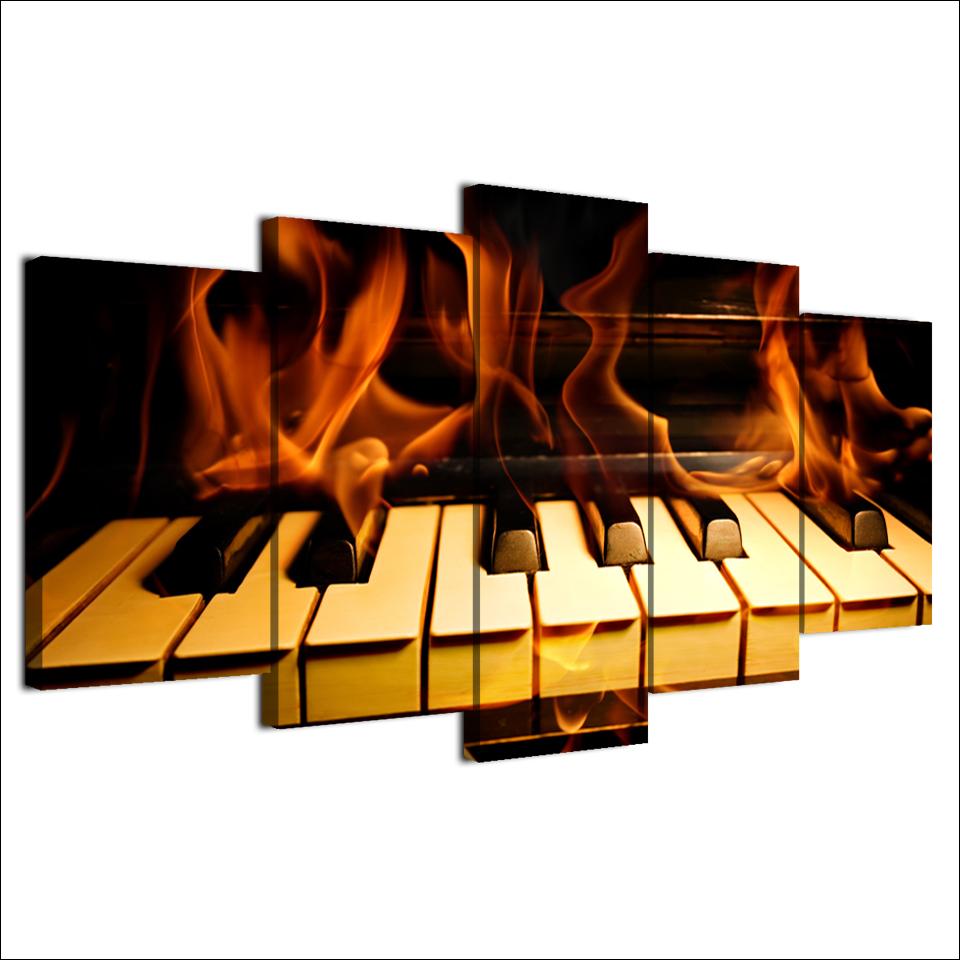 HD impresso 5 peças de arte em tela teclas de piano pintura a fogo emolduradas imagens de parede modulares para sala de estar