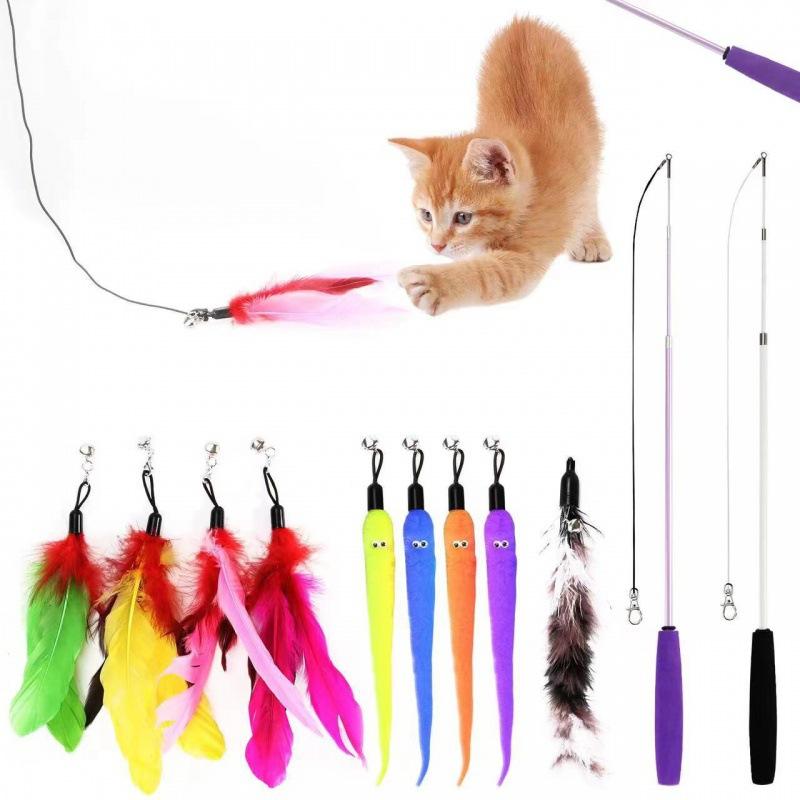 Interchangeable Eco-Friendly Cat Teaser Wand Set Fluffy & Feather Refills Extendable Bounce Rod Chew-Proof Plush Kittens Toy