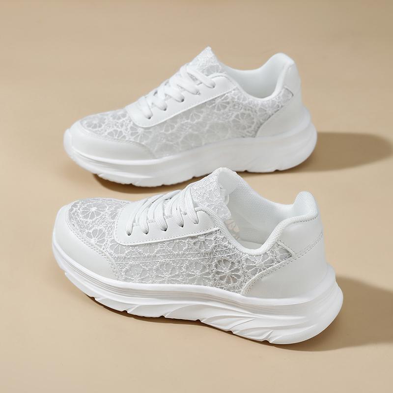 TUINANLE Bequeme Damen weiße flache Schuhe Spitzendesign Atmungsaktiv Leichtgewichtige Freizeit-Sneaker