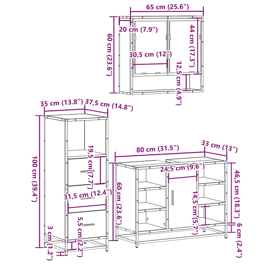 3 Piece Bathroom Furniture Set Smoked Oak Wood Based Material