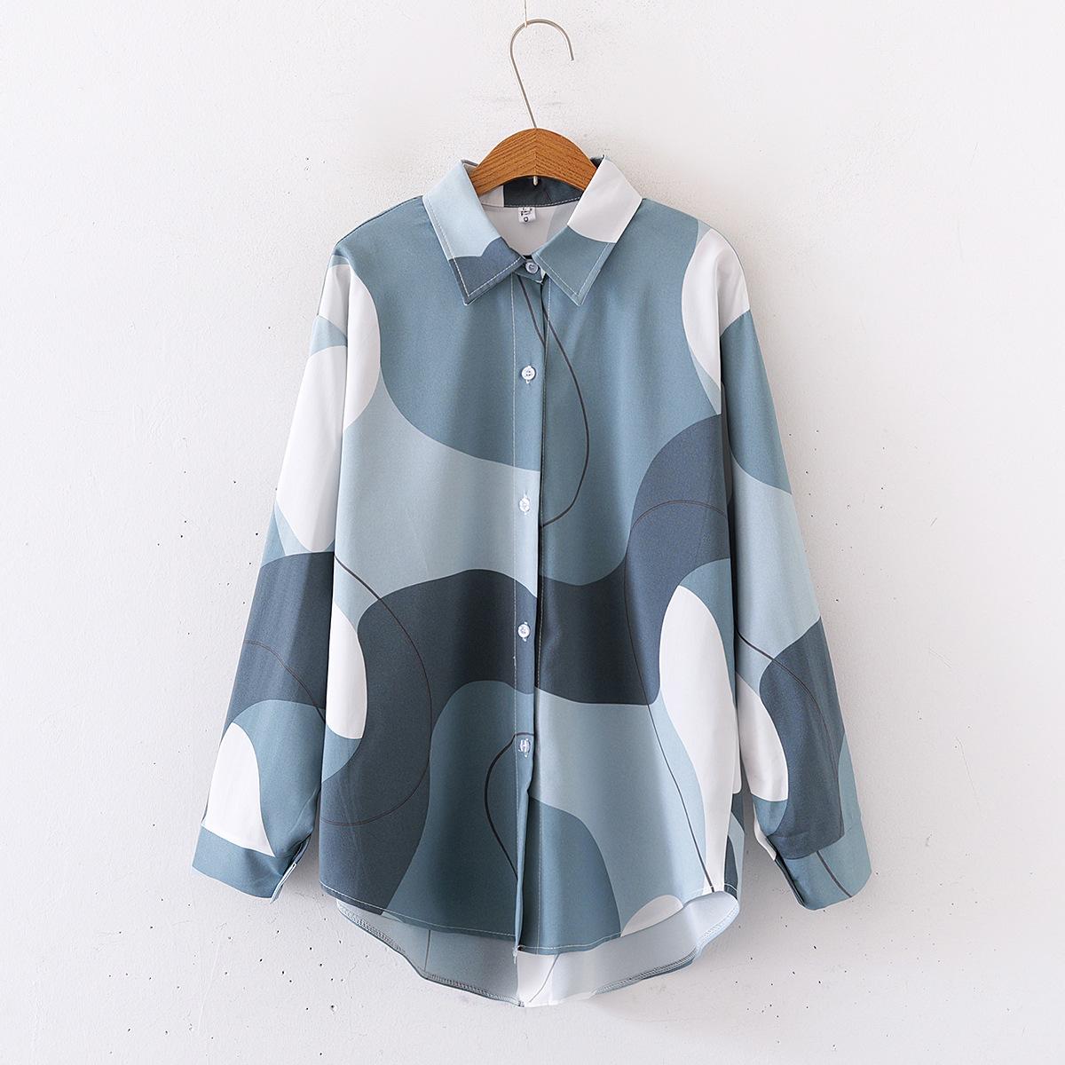 Chemise à manches longues et col ample pour femme, nouvelle collection à imprimé floral L bleu