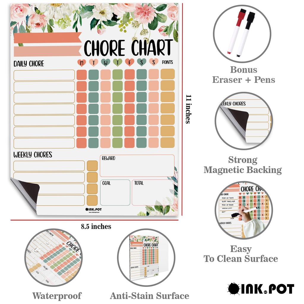 Inkdotpot Magnetic Dry Erase Weekly  Daily Chore Chart Schedule Board for Kids Chores Reward Chart,Good Behavior Chart