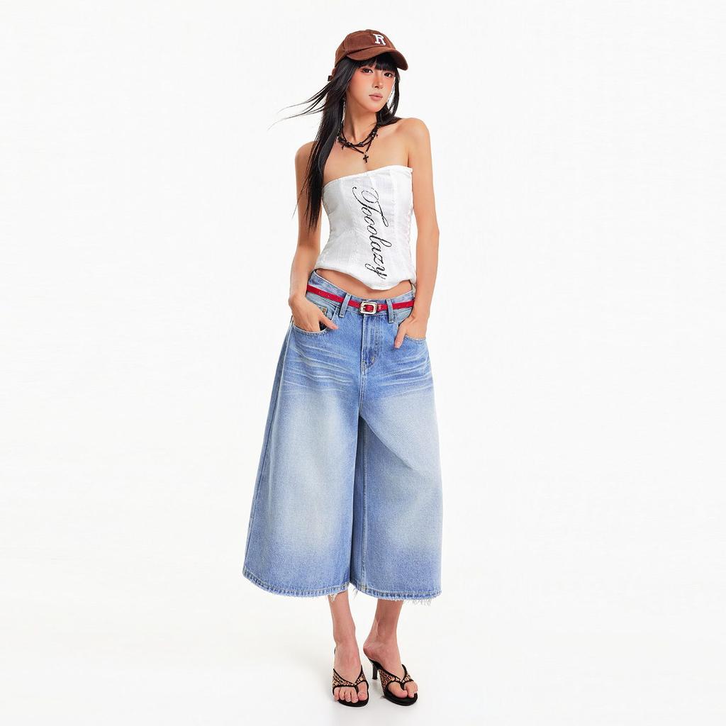 Pantaloni Capri in Denim Larghi Pieghettati Corti Estivi Vintage alla Moda per Donna Versatili Larghi Dritti Snellenti Casual Pantaloni Capri