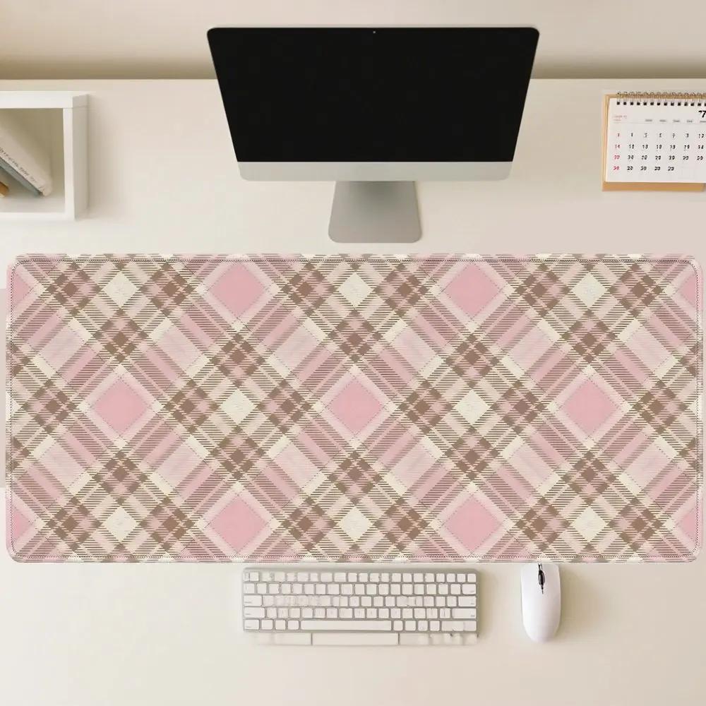 Soft Pink Brown Tone British Plaid Desk Mat Large Flat Gaming Desk Mat with Decorative Mouse Pad