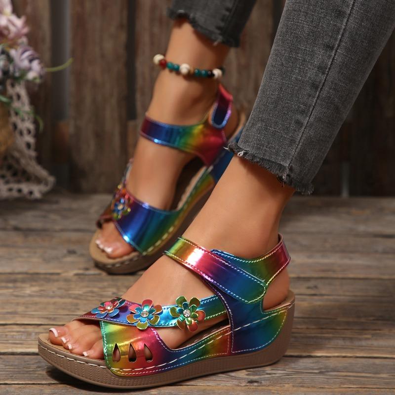 Summer new foreign trade large size wedge sandals flower decoration platform Velcro fish mouth beach shoes