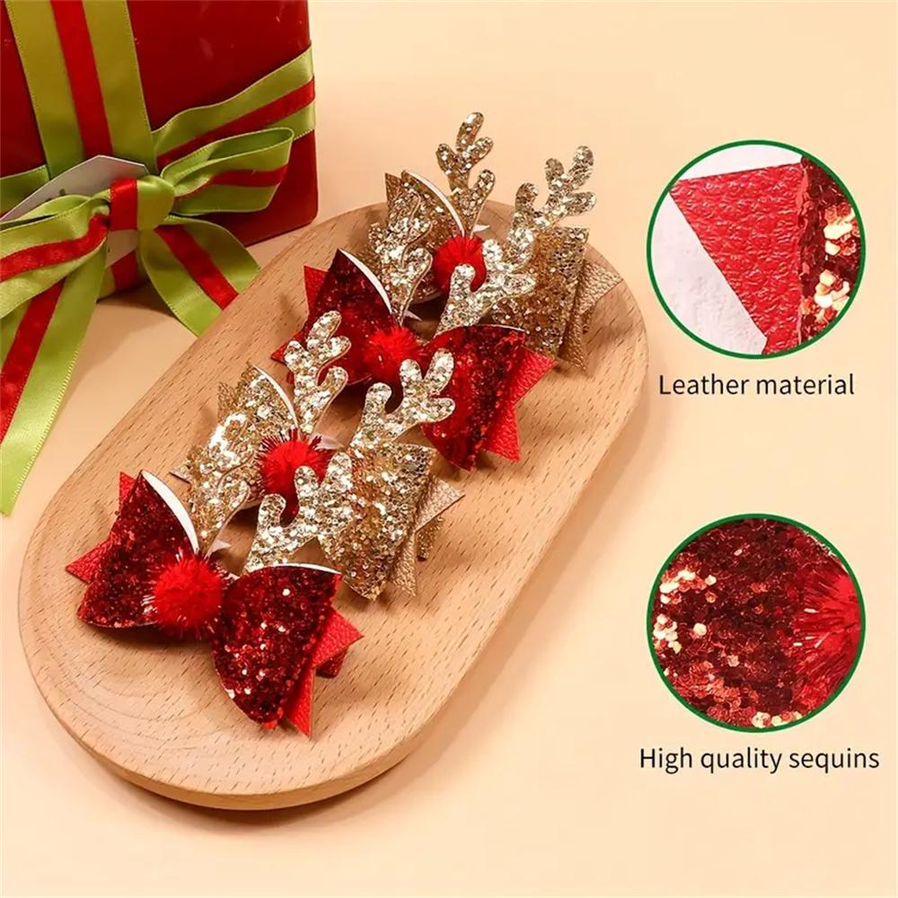 4pcs Children's Christmas Antler Hair Clip Glitter Elk Bow Hair Accessories For Girls Princess Pompom Party Hairpins Ideal Gifts