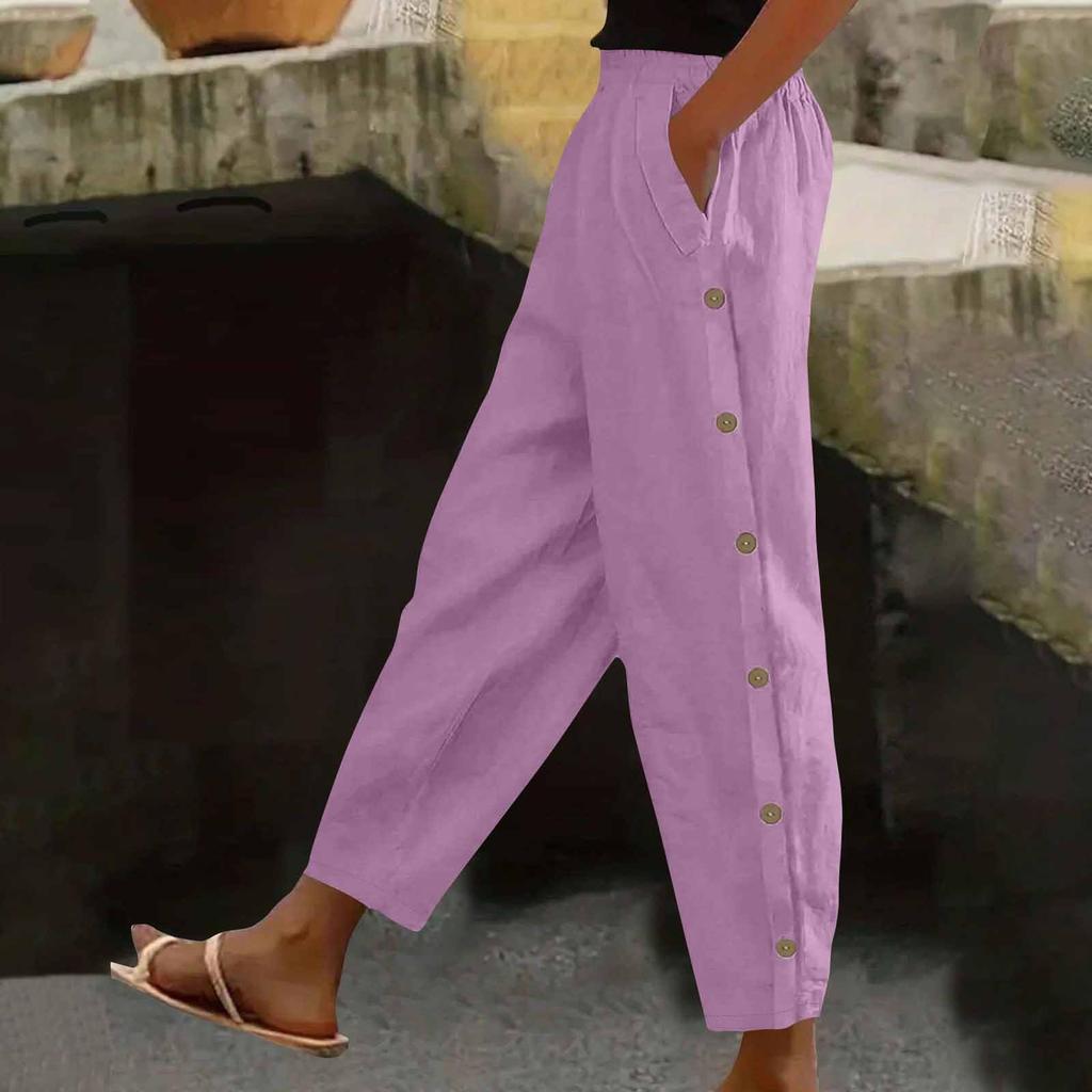 Women's Fashion Side-Button Pocket -Color Mid- Cotton-Linen Blend Relaxed-Fit Trousers