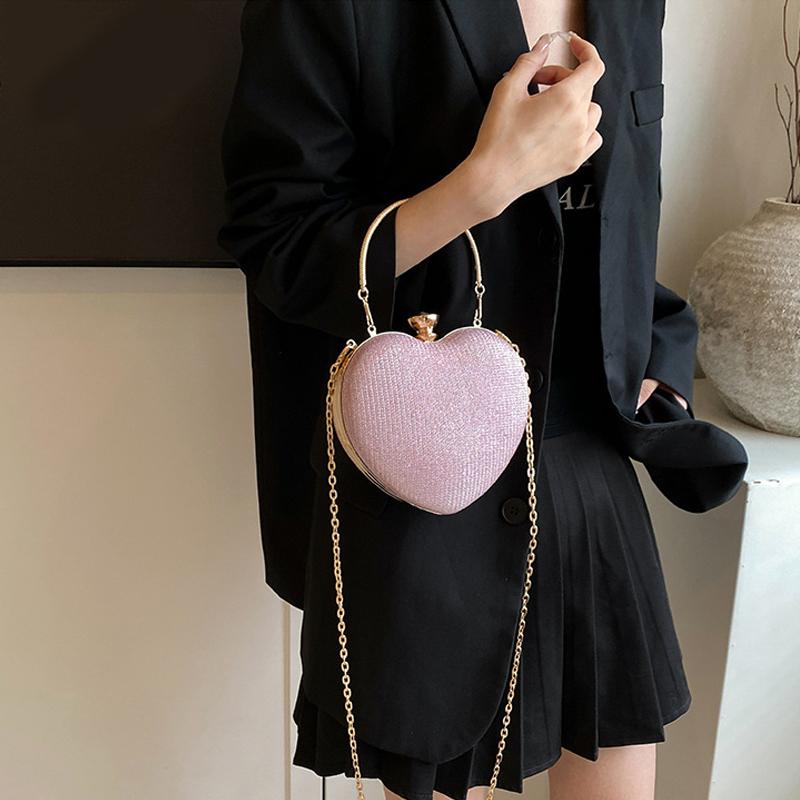 Guldglänsande sidenhjärta aftonväska damer bankettclutch strassdekor kedja axelväskor lyxiga kvinnliga fest handväskor
