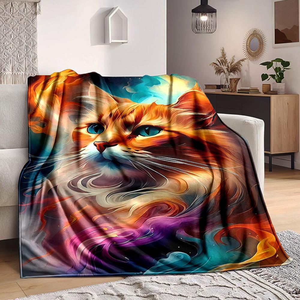 1pc Feline Whimsy Print Blanket Lightweight Flannel Throw Blanket For Sofa, Bed, Living Room, Office, Outdoor Travel, Camping