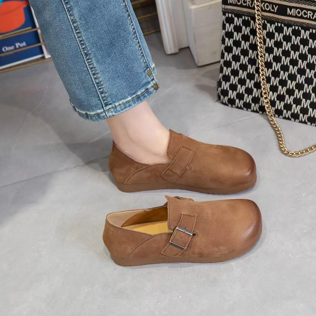 

Genuine leather women s first layer cowhide new thick-soled belt buckle soft-soled toast single shoes retro 35 коричневый