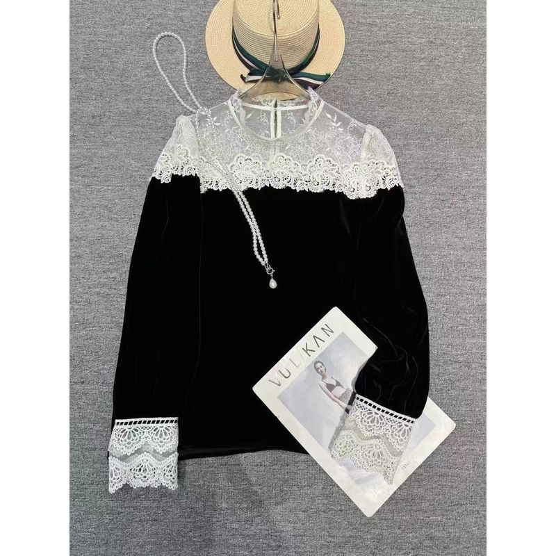 High Quality Required! White Floral Lace Patchwork Long Sleeves Pleuche Shirt Women's Spring Fall and Winter Bottoming Shirt