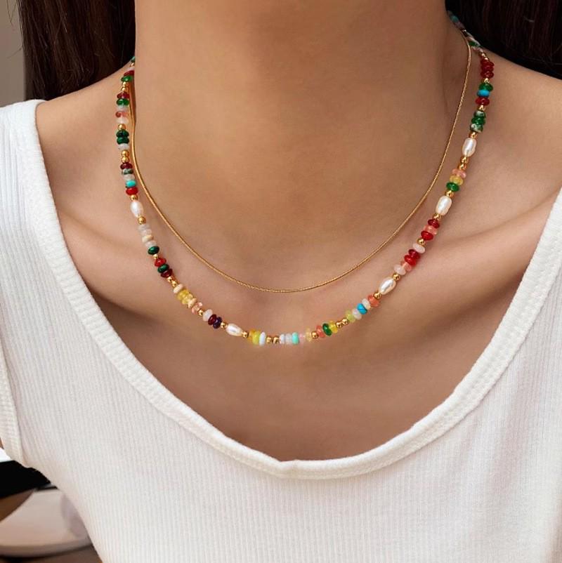 Colorful Natural Stone & Freshwater Pearl Beaded Choker Necklace for Women - Spring/Summer Collection