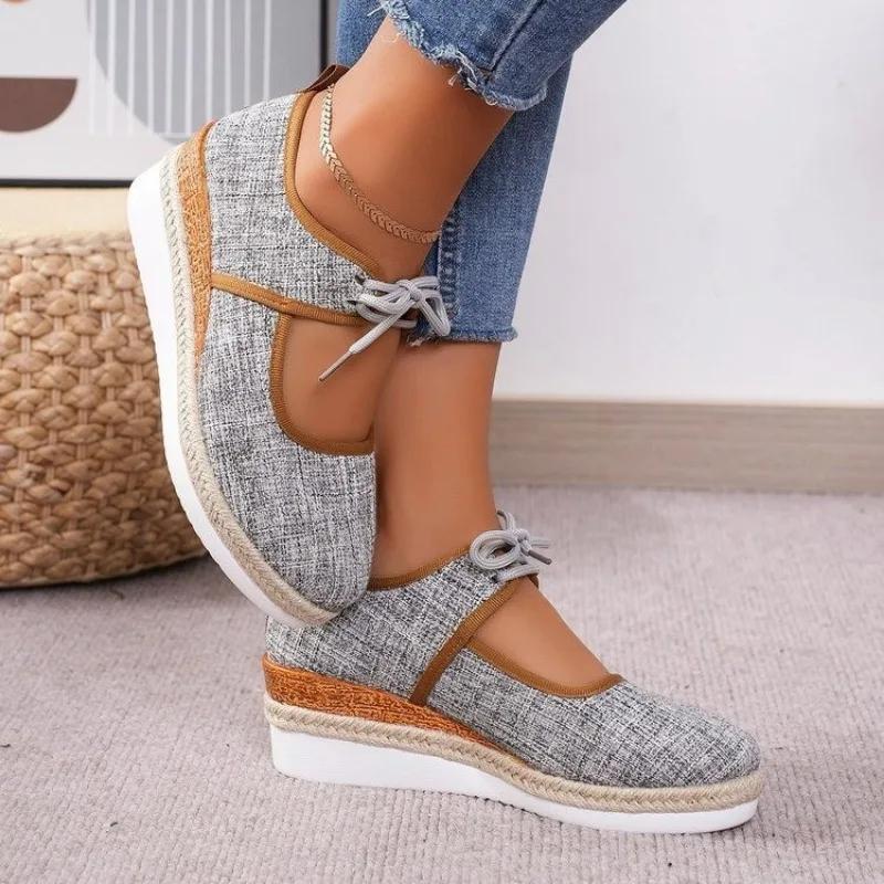 Handmade Slope Heel Cloth Shoes Women Breathable Comfort Mum Shoes Tenis Platform Non-slip Casual Footwear Front Tie Sneakers