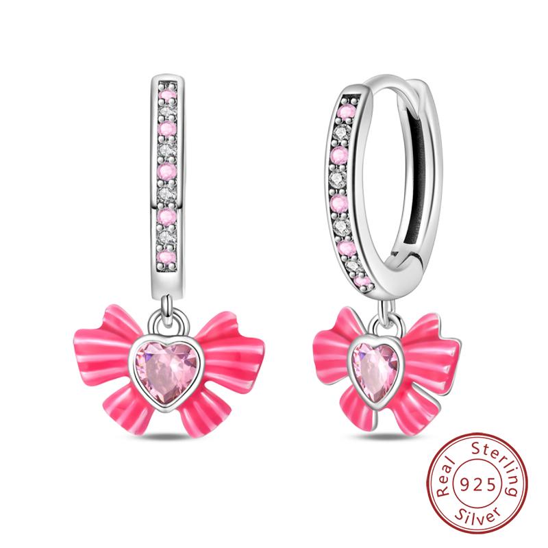 100% 925 Silver Romantic Pink Bow Earrings Sparkling Heart-Shaped Zircon Ear Studs For Women Wedding Engagement Jewelry