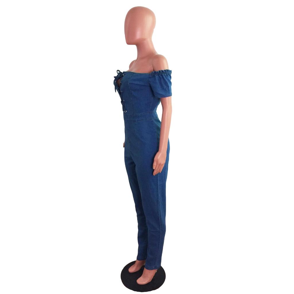 Women's One-shoulder Eyelet Lace-up Sexy Denim Jumpsuit - European & American Fashion 2023