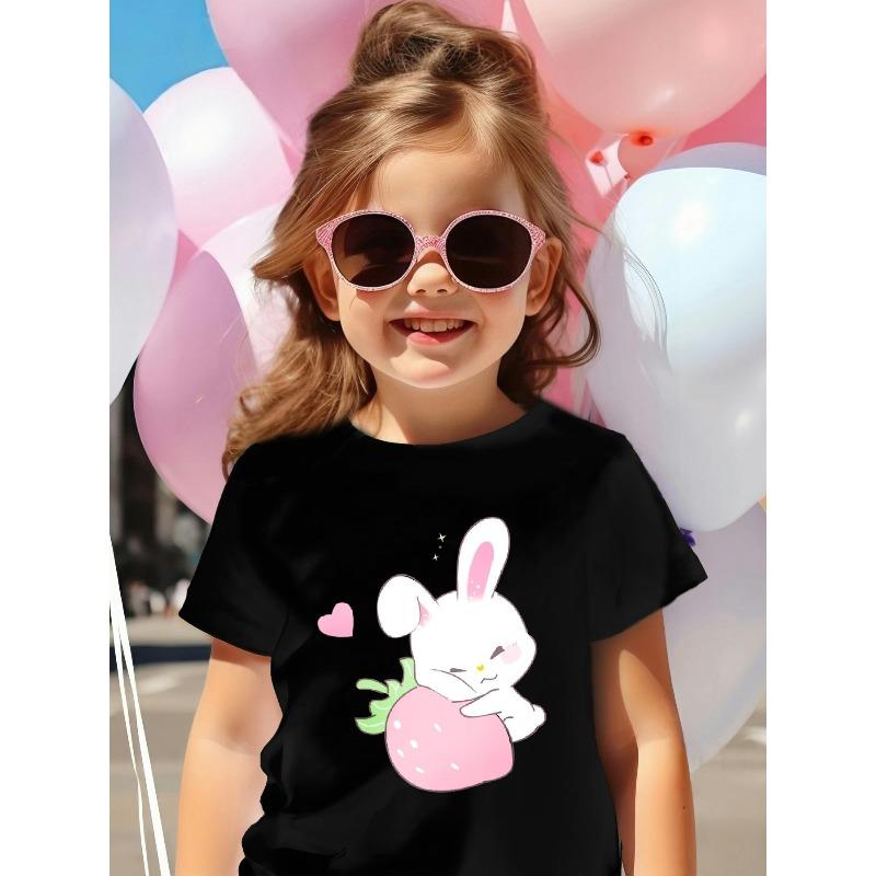 European Size Girls Round-neck Short-sleeved T-shirt with Rabbit and Strawberry Pattern Print 98cm чёрный