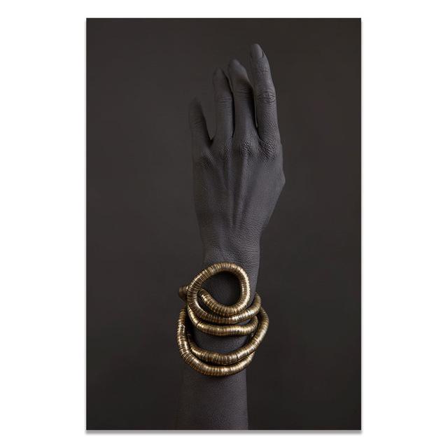 African Woman Wearing Golden Jewelry Decoration Nástěnná malba Body Art Plakát Obraz na plátně a nástěnné obrazy pro Modern Home Decor Bez rámu