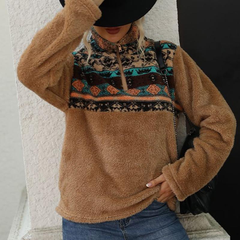 Plush Long-sleeved Sweatshirt Women's Loose Pullover Stand Collar Pocket Half Zip Top