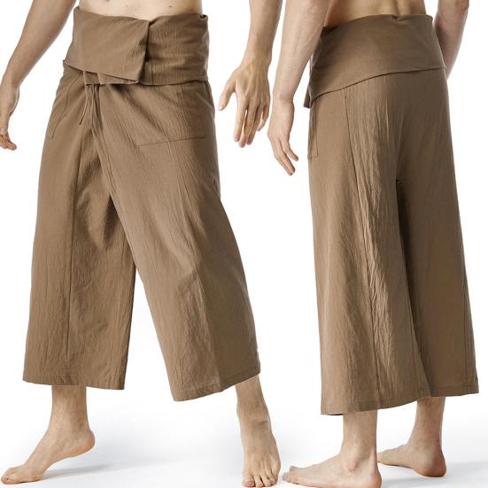 Pantaloni da Pescatore Thai Estivi Monocolore Coulisse Gamba Larga Tasche Abbigliamento Uomo Lino Casual