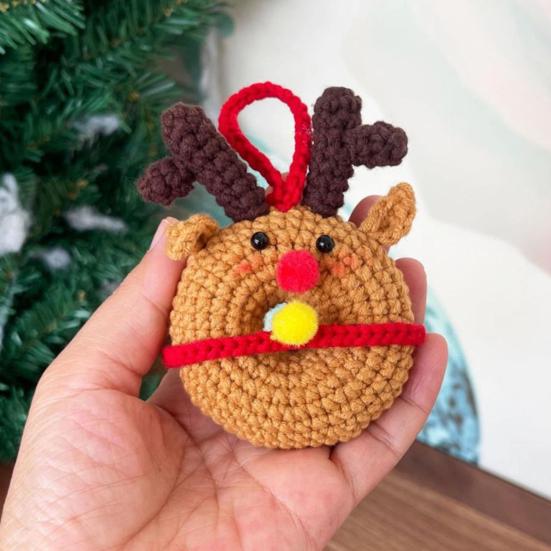 Crochet Donut Bag Accessory Christmas Doughnut Keychain, Handmade Santa Claus/Reindeer/Penguin/Bear/Flower Wreath Pendant for Hand Knitted Keychain